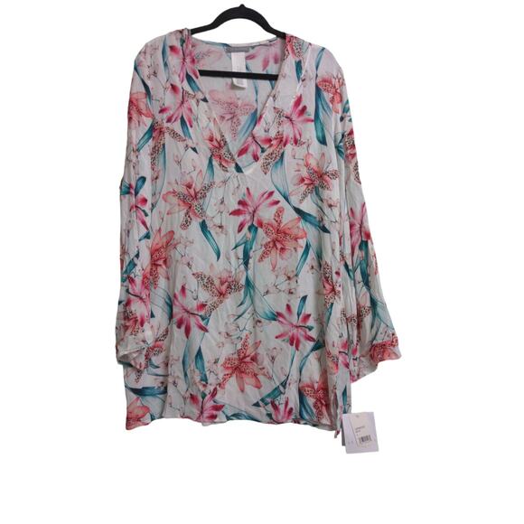 La Blanca Flyaway Orchid Tunic Cover Up White Pink Green L New - Picture 1 of 13
